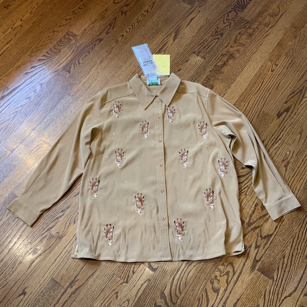 Quacker Factory Top Womens 1X Tan Giraffe Button Down Embroidered Beaded Safari